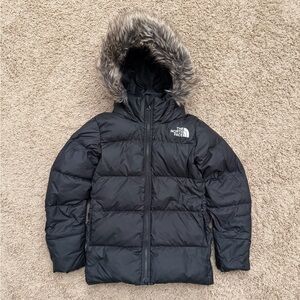 North Face Girls Small Black 550 Down Puffer Jacket Coat Hooded Parka Faux Fur